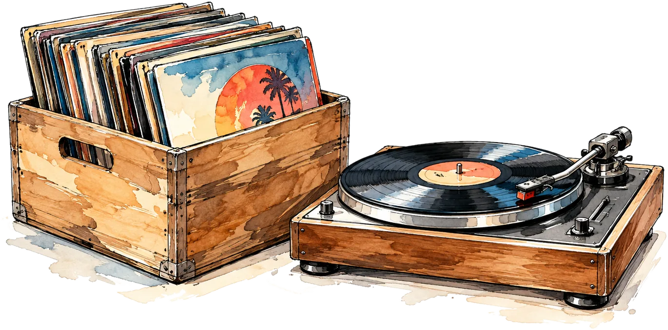 Caisse de vinyles originaux et platine